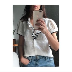 White linen top with black embellished trim - NWOT